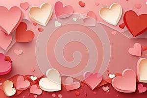 Sweet love banner for website for wedding or Valentine day with gentle pink and red paper hearts flying on pink background