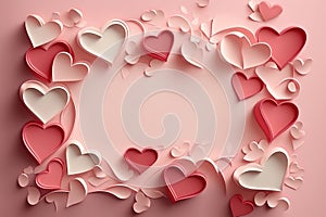 Sweet love banner for website for wedding or Valentine day with gentle pink and red paper hearts flying on pink background