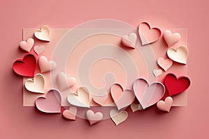 Sweet love banner for website for wedding or Valentine day with gentle pink and red paper hearts flying on pink background