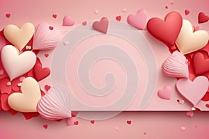 Sweet love banner for website for wedding or Valentine day with gentle pink and red paper hearts flying on pink background