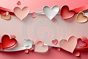 Sweet love banner for website for wedding or Valentine day with gentle pink and red paper hearts flying on pink background