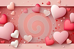 Sweet love banner for website for wedding or Valentine day with gentle pink and red paper hearts flying on pink background