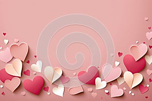 Sweet love banner for website for wedding or Valentine day with gentle pink and red paper hearts flying on pink background