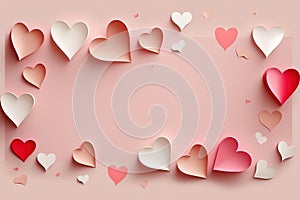 Sweet love banner for website for wedding or Valentine day with gentle pink and red paper hearts flying on pink background