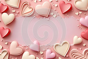 Sweet love banner for website for wedding or Valentine day with gentle pink and red paper hearts flying on pink background