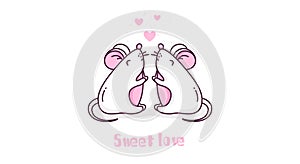 Sweet love card with two mice and hearts on white background. Thin line flat design.