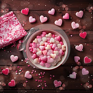 The Sweet Love and Sentiments: Romantic Valentine\'s Day Candy Hearts Scattered on Soft Pastel Background. photo