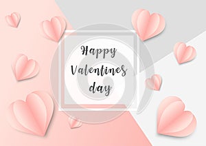 Sweet Love Valentine`s day concept greeting card background. Vector illustration. 3d pastel pink and grey paper hearts