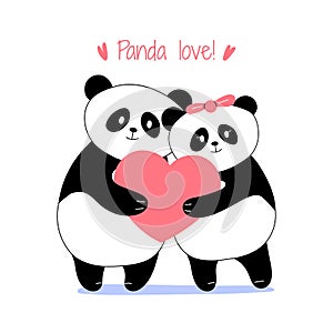 Sweet lovely cute panda couple illustration, holding heart sign with panda love typography, celebrating Valentine`s Day. Isolated