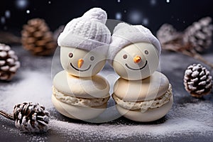 Sweet macaroons in the form of a snowman. Fir branches on a gray background. Merry Christmas card. New year mood