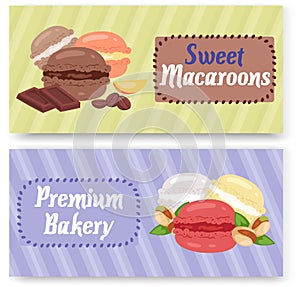 Sweet macaroons premium bakery shop set of banners vector illustration. Cookies of different taste such as coffee, mango