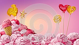 Sweet magical landscape of ice cream and candy