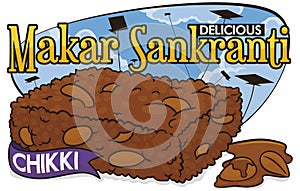 Sweet Makar Sankranti Festival with Chikki, Peanuts, Jaggery and Kites, Vector Illustration
