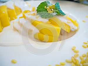 Sweet mango with sticky rice with coconut milk on white plate