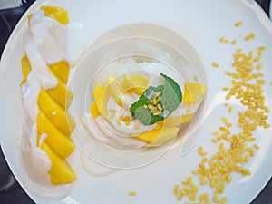 sweet mango with sticky rice with coconut milk on white plate