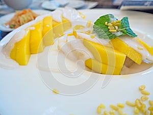 sweet mango with sticky rice with coconut milk on white plate