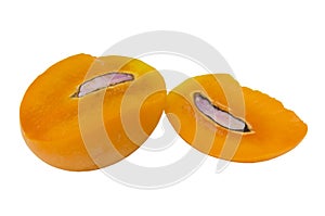 Sweet Marian plum thai fruit isolated on white background. Cut into two parts