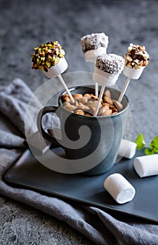 Sweet marshmallow pops with pistachios, almonds and grated coconut