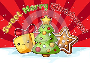 Sweet Merry Christmas greeting card. Cute characters and symbols. Holiday background in cartoon style.