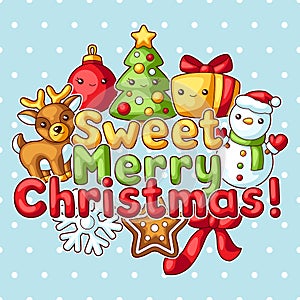 Sweet Merry Christmas greeting card. Cute characters and symbols. Holiday background in cartoon style.