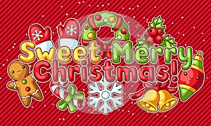 Sweet Merry Christmas greeting card. Cute characters and symbols. Holiday background in cartoon style.