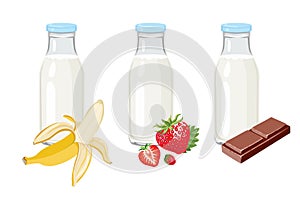 Sweet milk in glass bottles isolated on white background. Banana milk, strawberry and chocolate.