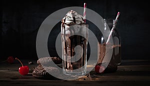 Sweet milkshake in rustic glass on wood table generated by AI