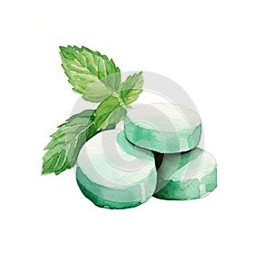 Sweet Mints Candy Square Watercolor Illustration.