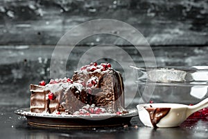 Sweet moments - sweet moments - brownies poured hot, liquid chocolate, sprinkled with red pomegranate seeds and powdered sugar