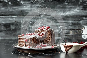 Sweet moments - sweet moments - brownies poured hot, liquid chocolate, sprinkled with red pomegranate seeds and powdered sugar