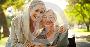 Sweet moments of mother and child. Cropped portrait of an affectionate young woman embracing her aged mother at the park