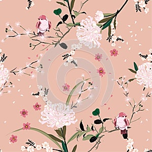 Sweet mood of oriental garden flower with blooming botanical and cherry bloosom florals seamless pattern vector design for fashion