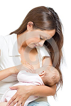 Sweet mother breast feeding her infant isolated