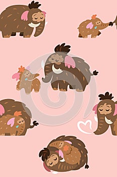 Sweet mother mammoth with her baby seamless pattern. Vector illustration