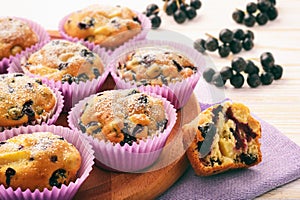 Sweet muffins with chokeberries (aronia) on white wooden table.