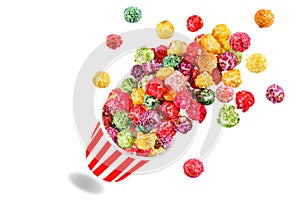 Sweet Multicolor popcorn on a white isolated background