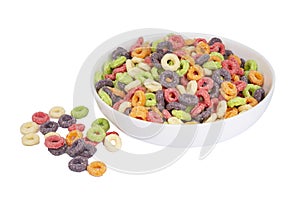 Sweet multicolored flakes, cereal loops. Isolated on a white background
