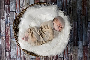 Sweet newborn baby sleeping in wooden basket