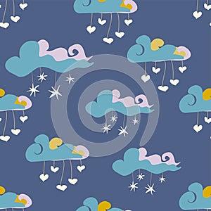 Sweet Night Sky With Clouds, Hearts And Stars Repeat Pattern In Blue