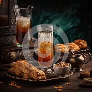 Sweet and nutty Bombojia drink with sweet pastries on table
