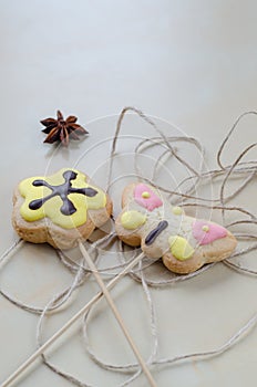 Sweet oatmeal cookies on wooden board