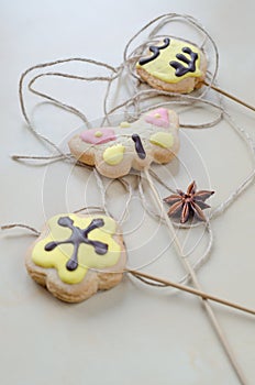 Sweet oatmeal cookies on wooden board