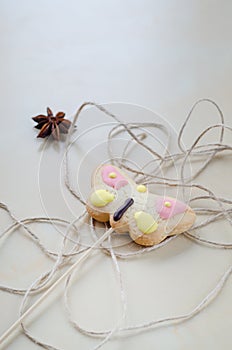 Sweet oatmeal cookies on wooden board