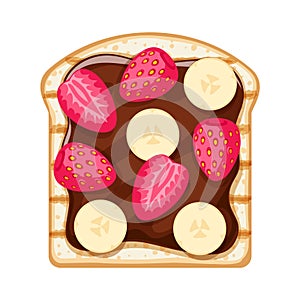 Sweet open sandwich with chocolate spread, strawberry and banana slices.