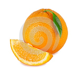 Sweet orange with a bright green leaf