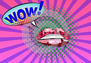 Sweet Pair of Glossy Vector Lips. Open wet red lips with teeth retrÃÂ² art style poster, Expression text WOW. Vector i photo