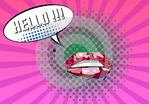 Sweet Pair of Glossy Vector Lips. Open wet red lips with teeth Warhol style poster, Expression text HELLO. Vector