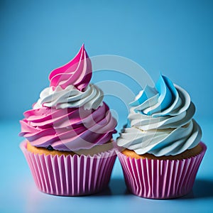 A Sweet Pair: Two Cupcakes in Pink and Blue with Light and Fluffy Frosting - Generative AI