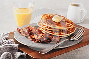 sweet pancakes with butter and bacon. traditional american breakfast