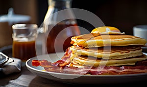 Sweet pancakes with jam macro shot. Breakfest desert hotcakes. Generative AI